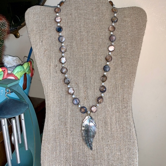 Mother of Pearl Leaf Dangle Necklace Earthy rustic - Picture 3 of 8